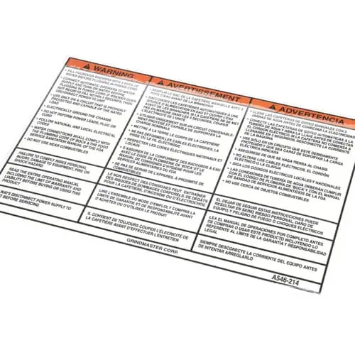 Grindmaster Cecilware A546-214 Label Warning Startup Instr